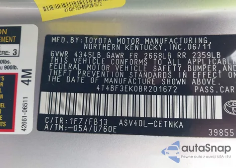 2011 Toyota Camry from USA, damaged, VIN 4T4BF3EK0BR201672